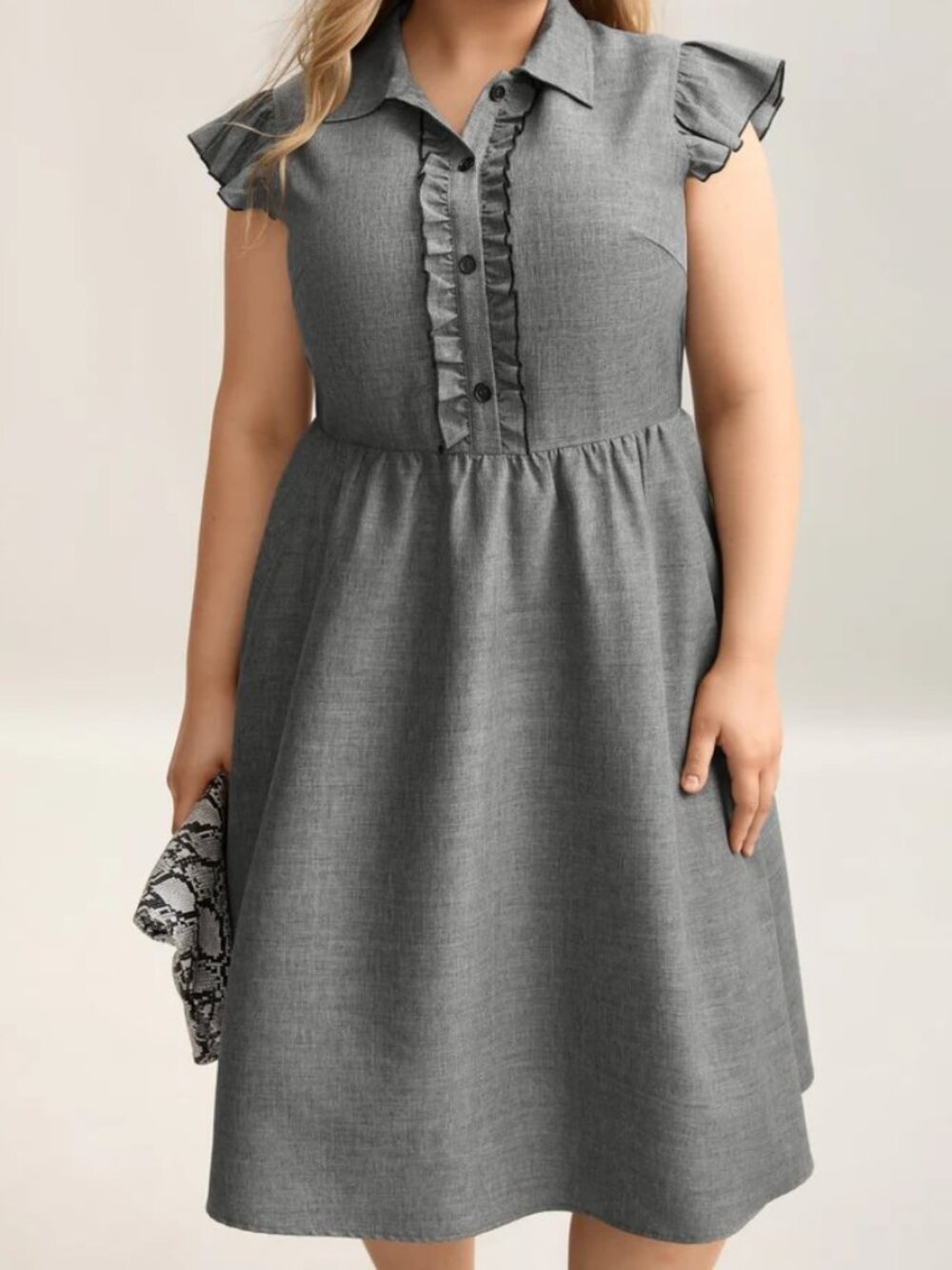 BloomChic, Ruffled Trim Shirt Collar Flared Midi Dress, Dark Gray / 14-16/1X